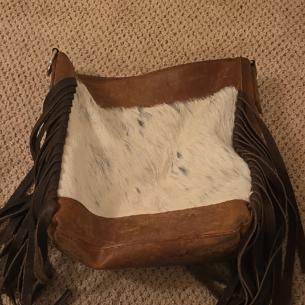 Brown and White Leather Fringe Bag
